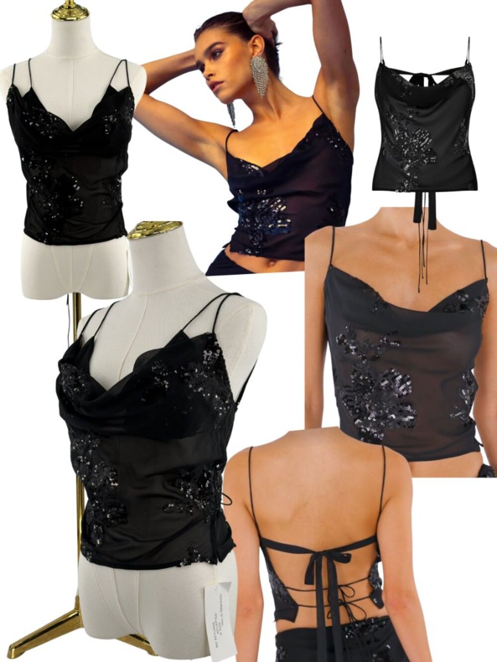 🆕 RAT & BOA 🧿 NWT Zanetti Enigma Tie-Back Cami + Bra, Black w Sequins - Sz XL